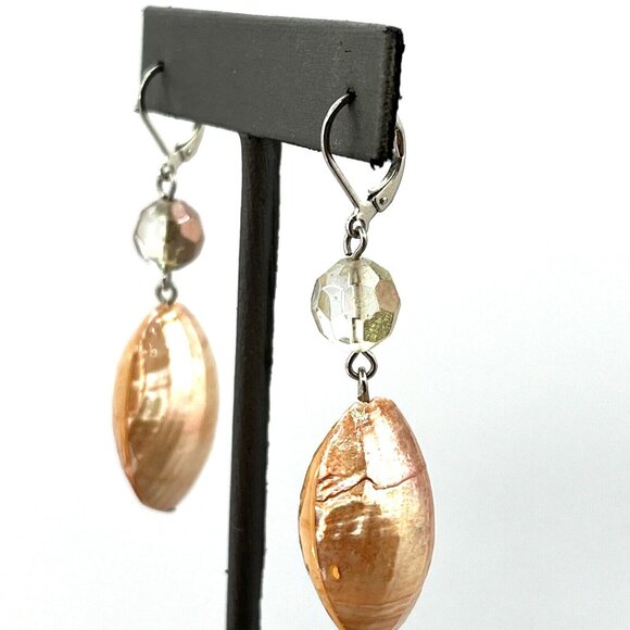 Peach Dyed Double Shell Bead Dangle Pierced Earrings 2.5" - Picture 6 of 9